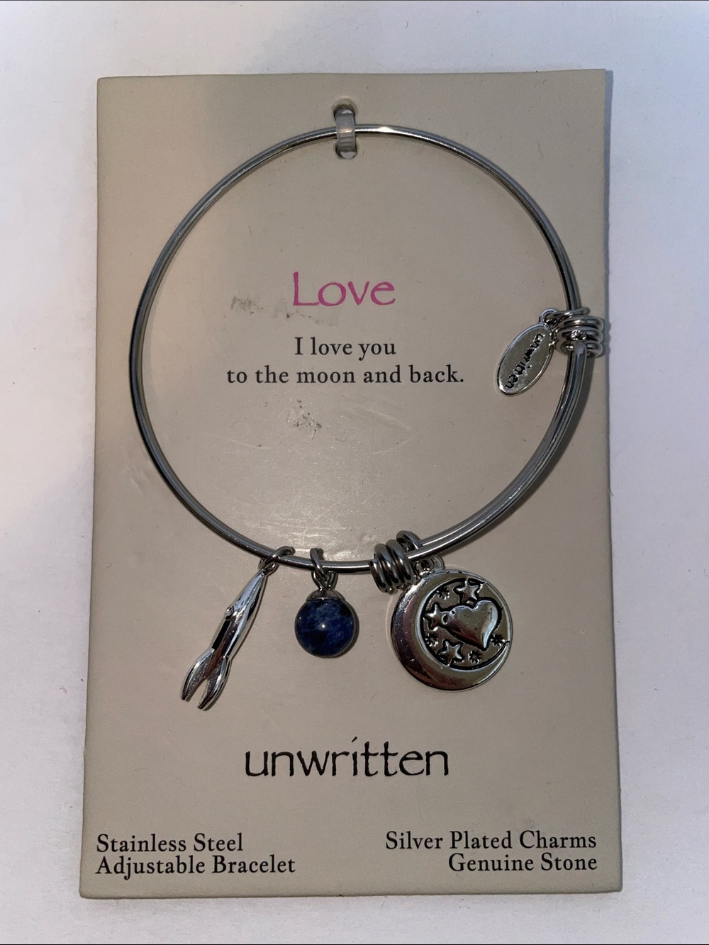 Unwritten Silver-Plated Adjustable Bracelet with Blue Stone and Heart Charm